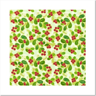 Cranberry Fruit Pattern on Green Posters and Art